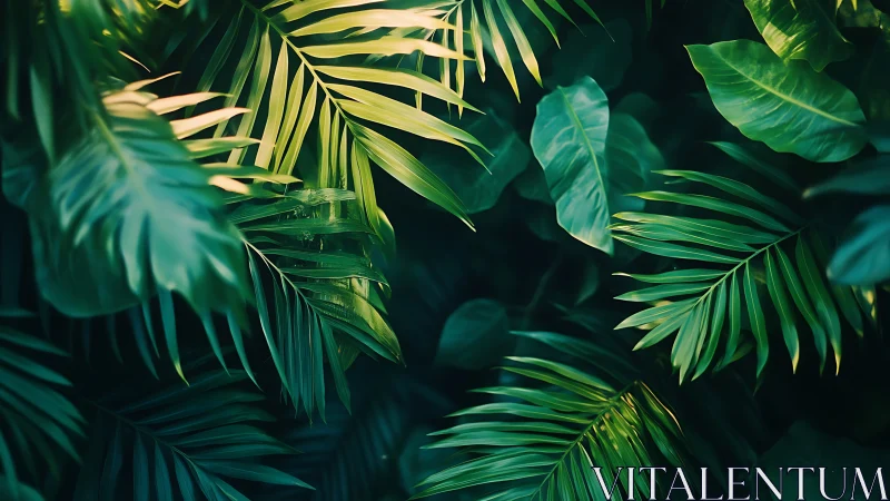 High-contrast tropical foliage with directional rim lighting