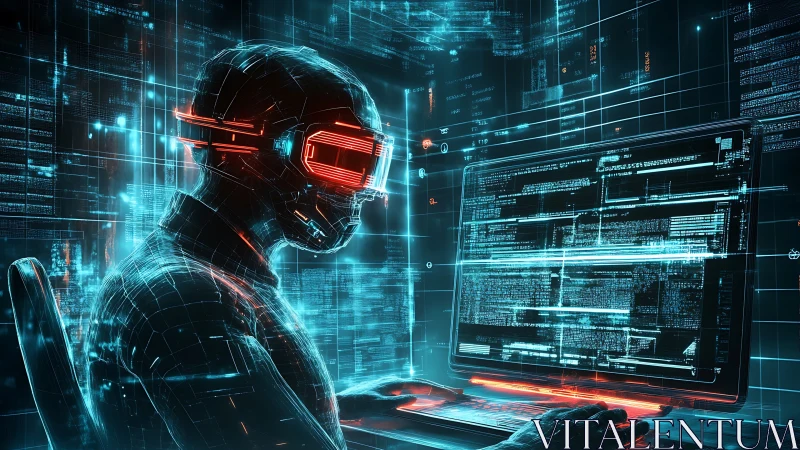 Neon code-runner locked in a glowing cyberpunk command storm.