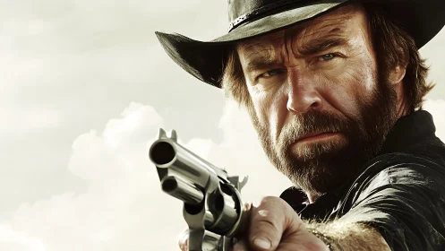 Photorealistic Western gunslinger close-up with revolver focus.
