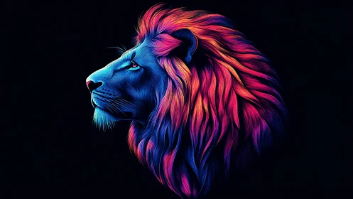 Neon-lit lion profile with luminous gradient mane artwork.