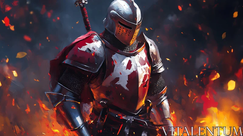 Armored knight in blazing battlefield with molten highlights.