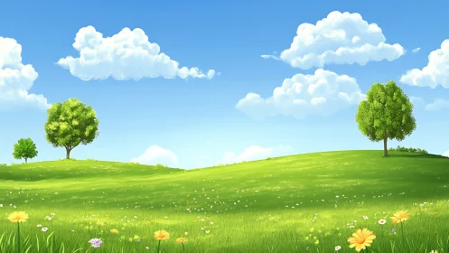 Sunlit grassy hillside with scattered trees and cumulus clouds