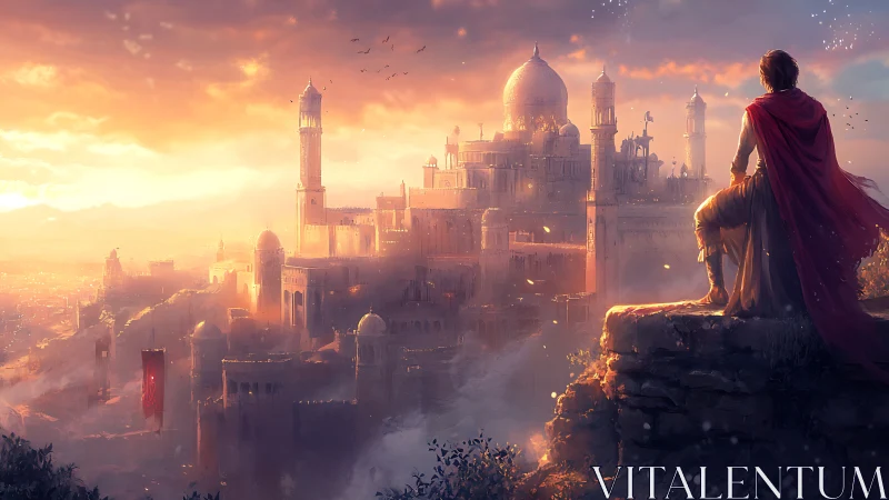 Lone hero overlooks sunlit fantasy citadel at fiery dusk