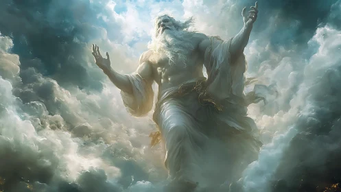 Majestic sky deity rises through swirling luminous clouds.