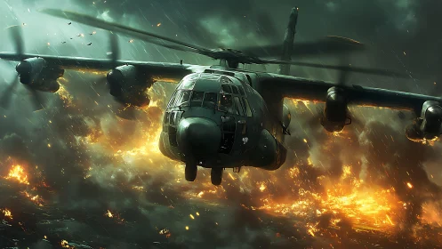 Military transport plane storms through fiery battle skies