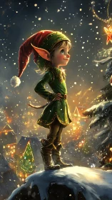 Festive elf character in luminous winter wonderland digital painting.