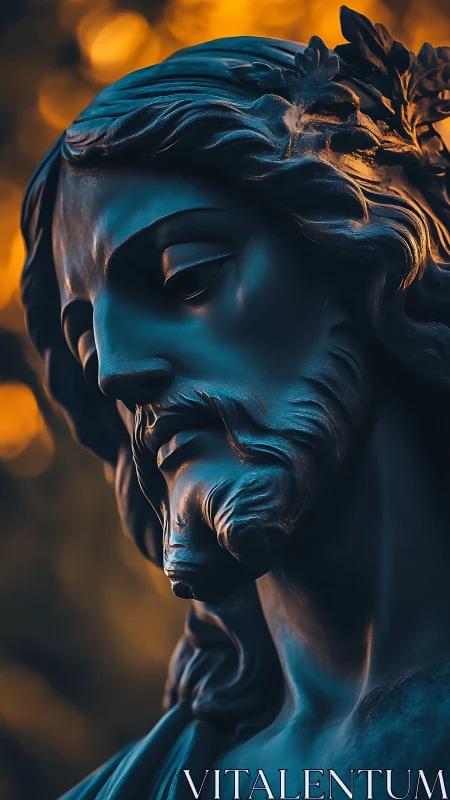Bronze-toned close view of a bearded male statue profile.