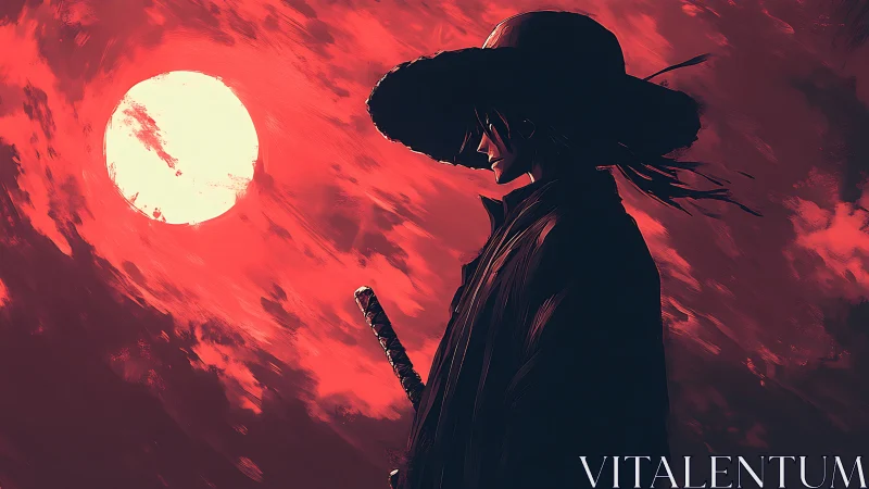 Digital painting of lone samurai silhouette under blood moon sky.