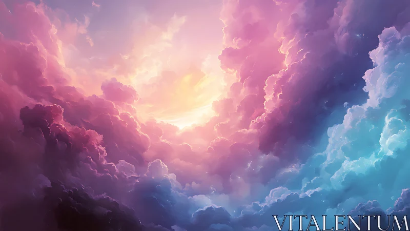 Iridescent nebula-like clouds frame a radiant spectral sky