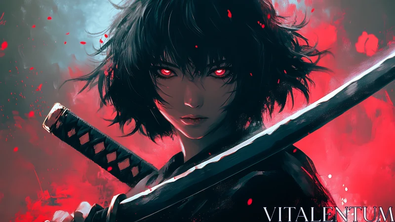 Crimson-eyed ronin emerges through storm of painted embers.