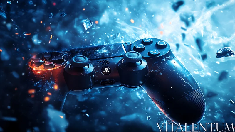 Game controller drifting through glowing cosmic sparks.