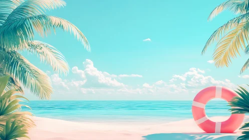 Tropical Beach Paradise with Pink Life Ring.