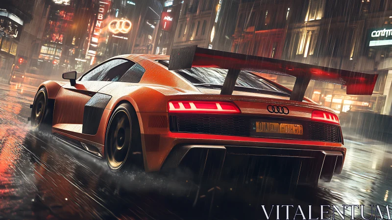 Orange Audi race car powers through neon city rain