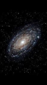 Spiral galaxy glows amid dense starfield in deep space.