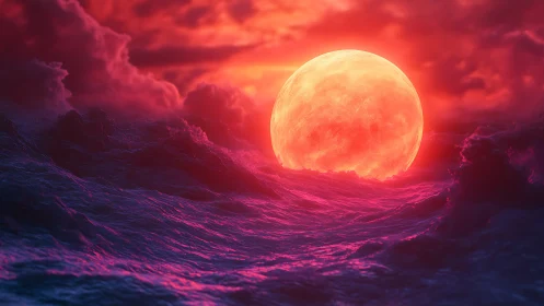 Crimson moonrise ignites neon tides beneath burning clouds.