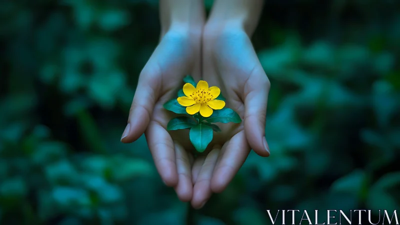Hands cradle single yellow woodland flower in shallow focus