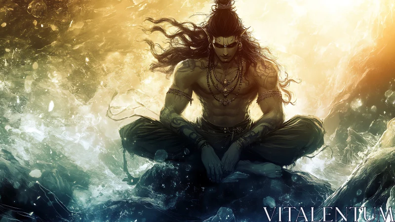 Storm-lit ascetic warrior in meditative sea vortex glow.