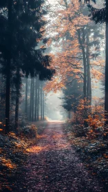 Forest pathway in autumn with atmospheric fog and bisecting light rays.