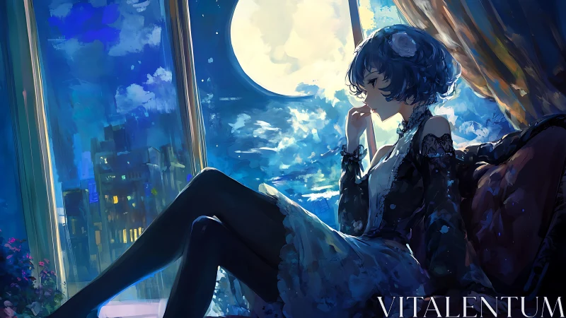 Moonlit window muse in midnight lace and electric blues.