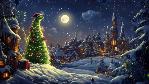 Digital painting of whimsical snowy village and lit tree at night.