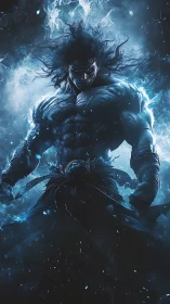 Electrified muscular warrior emerging from swirling blue storm