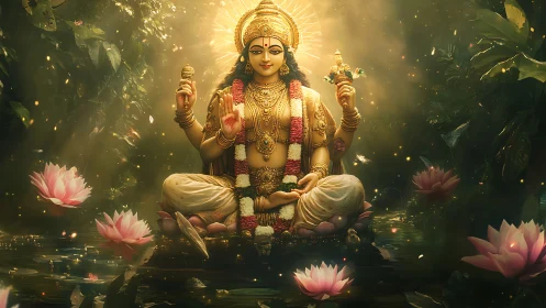 Golden deity seated on lotus in lush glowing forest scene.