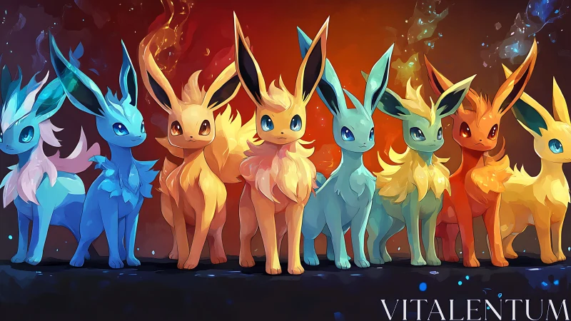 Colorful fox-like creatures stand aligned in glowing row