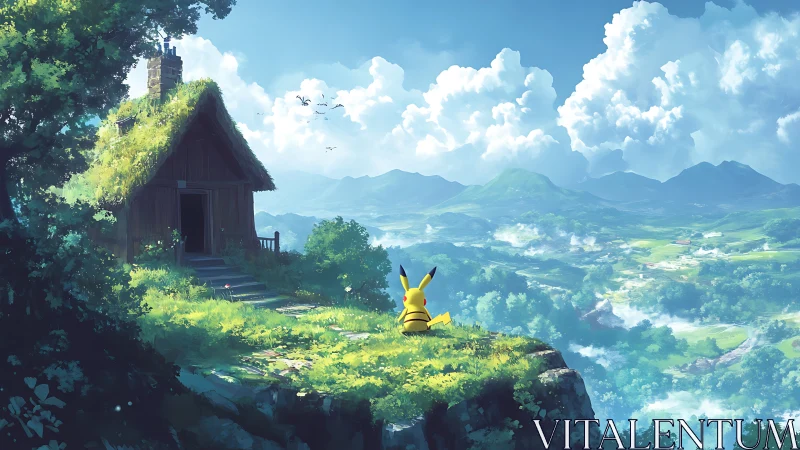 Pikachu resting on a sunlit cliff above a quiet valley.
