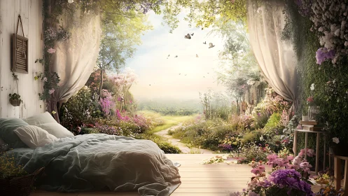 Romantic garden bedroom opening to misty floral landscape.