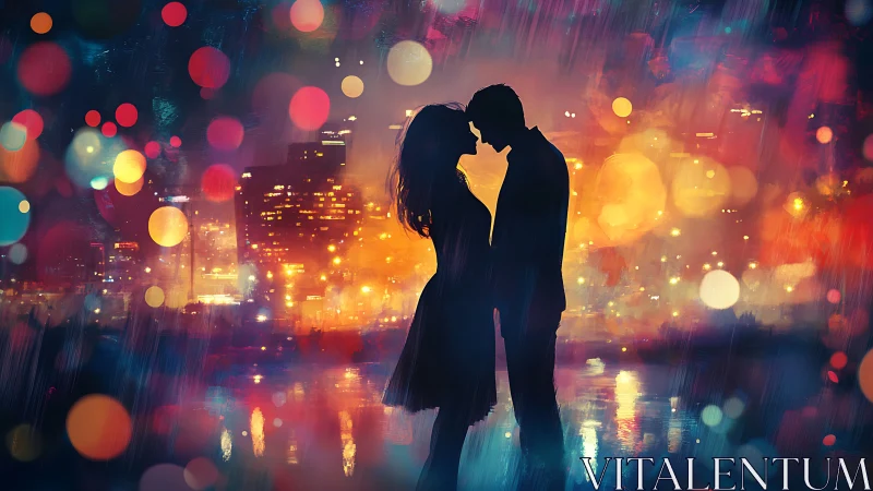 Rain-Soaked Passion: Two Souls Kiss Against Glowing Urban Dreams