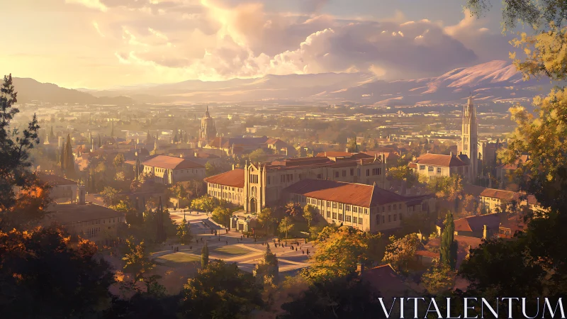 Golden sunset settles over a peaceful hilltop university town
