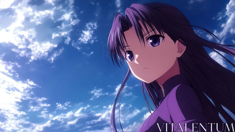 Purple-haired anime girl under vivid blue sky clouds