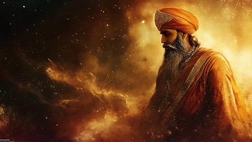 Mystic elder in golden nebula cloak contemplates silently.