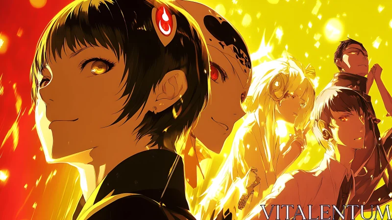 Group of stylized figures in intense yellow firelight scene.