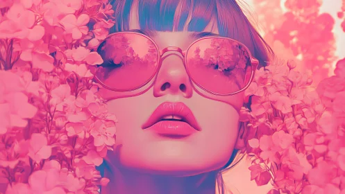 Neon pink floral portrait with reflective oversized sunglasses.