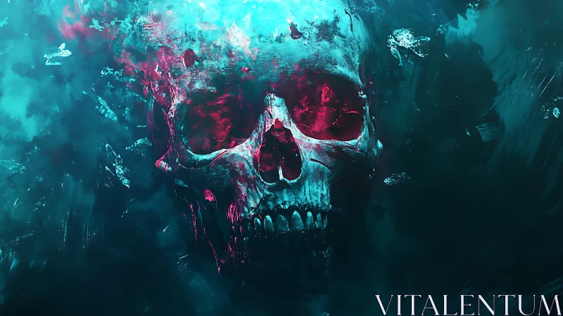 Human skull form emerges within turbulent cyan and magenta field