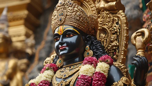 Photorealistic Hindu deity sculpture with gilded ornamentation.