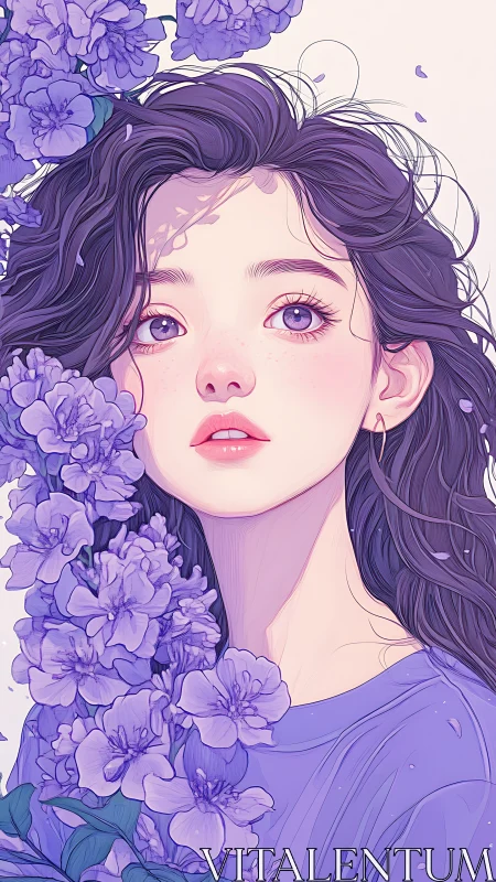 Young woman with purple flowers rendered in soft detail