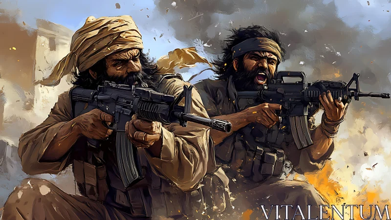 Armed fighters exchange rifle fire amid urban explosion