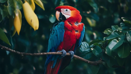 Vibrant Scarlet Macaw on Branch in Lush Tropical Jungle Setting.