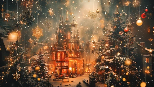 Enchanting winter cathedral glows amid drifting golden snow.