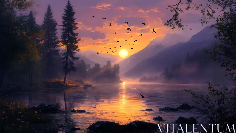 Soft sunrise over misty lake and mountains in quiet glow.
