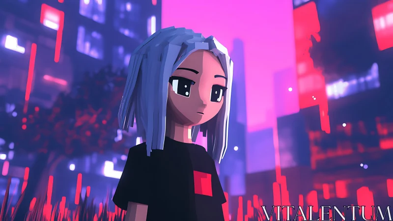 Cel-shaded anime avatar stands in neon-lit cyber cityscape
