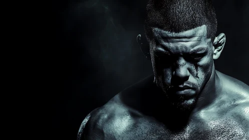 Muscular male subject is photographed in low key lighting