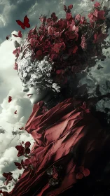 Surreal floral woman dissolves into red petals and butterflies