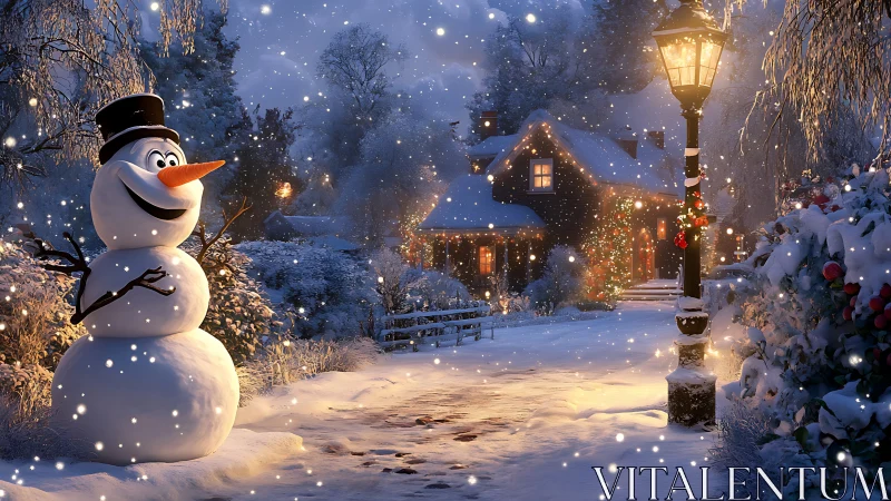 Cheerful snowman greeting you on a cozy winter evening.