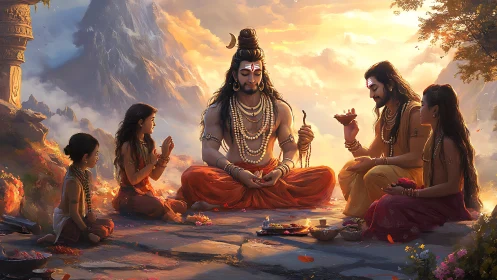 Mountain dusk hushes as divine family gathers in ritual