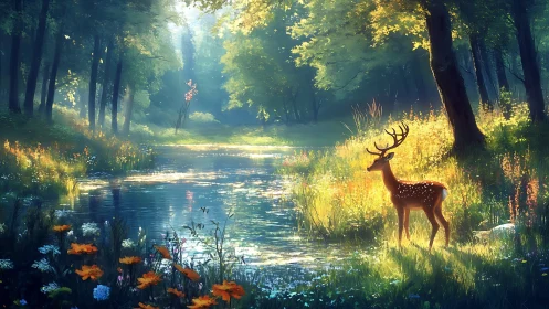 Backlit stag stands by reflective forest river in diffuse light
