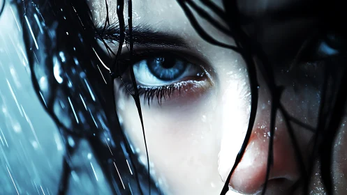 Close human eye in rain with wet hair and sharp focus