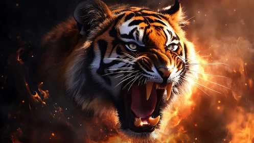 Roaring tiger emerges through blazing fire and swirling embers